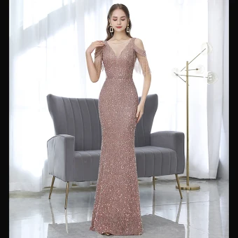 Sexy Champagne Robe De Soirée 2021 Trompette Sirène Encolure Dégagée Perlage Gland Paillettes Sans Manches Dos Nu Longue Robe De Ceremonie