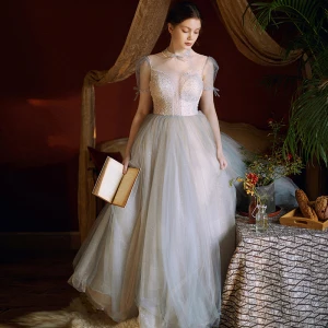 Chic Bleu Ciel Perlage Paillettes Robe De Bal 2021 Princesse Encolure Dégagée Noeud Manches Courtes Dos Nu Longue Robe De Ceremonie