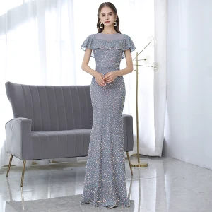 Scintillantes Bleu Ciel Paillettes Robe De Soirée 2021 Trompette Sirène Encolure Dégagée Manches Courtes Longue Robe De Ceremonie