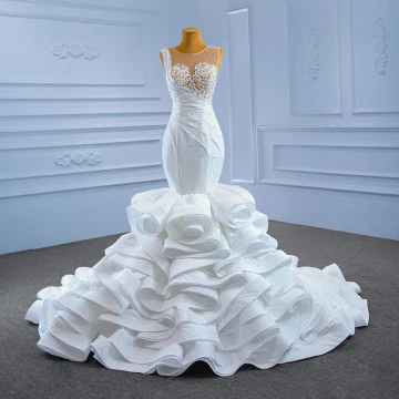 Luxury Gorgeous White Cascading Ruffles Wedding Dresses 2021 Trumpet Mermaid Scoop Neck Beading Sequins Rhinestone Lace Flower Sleeveless Backless Royal Train Wedding