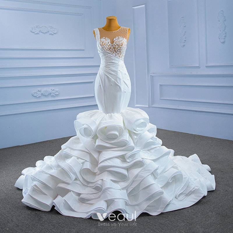 Luxury / Gorgeous White Cascading Ruffles Wedding Dresses 2021 Trumpet / Mermaid Scoop Neck Beading Sequins Rhinestone Lace Flower Sleeveless Backless Royal Train Wedding Luxury / Gorgeous White Cascading Ruffles Wedding Dresses 2021 Trumpet / Mermaid Scoop Neck Beading Sequins Rhinestone Lace Flower Sleeveless Backless Royal Train Wedding