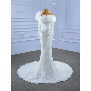 Luxury Gorgeous Charming White Beading Pearl Sequins Wedding Dresses 2021 Trumpet Mermaid Ruffle Scoop Neck Long Sleeve Backless Chapel Train Wedding