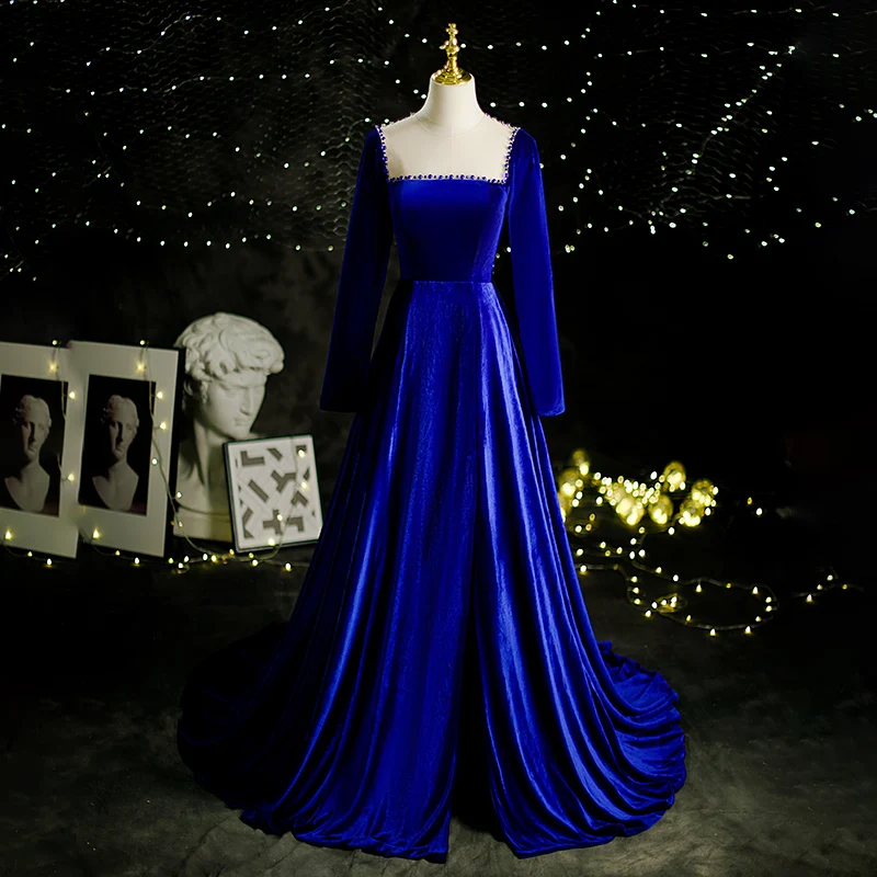 Elegant Royal Blue Suede Velour Prom Dresses 2021 A-Line Princess Square Neckline Long