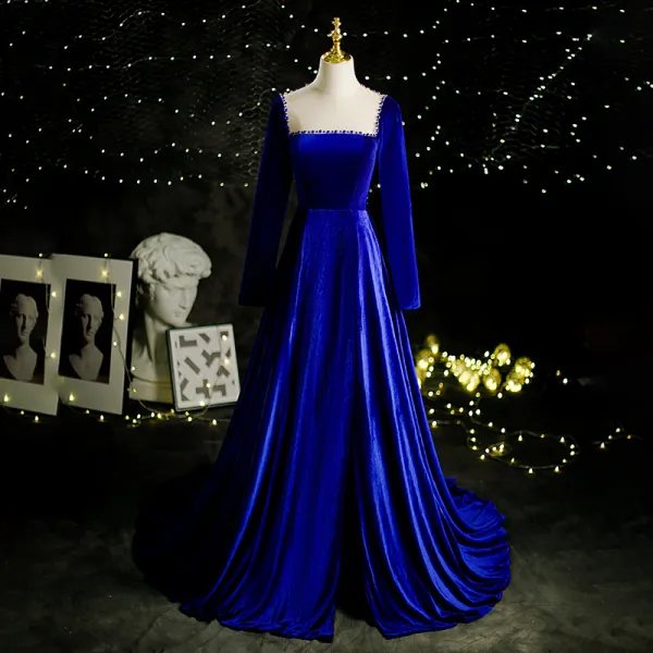 Elegant Royal Blue Suede Velour Prom Dresses 2021 A-Line / Princess Square Neckline Beading Long Sleeve Backless Split Front Sweep Train Formal Dresses