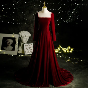 Elegant Burgundy Suede Velour Prom Dresses 2021 A Line Princess Square Neckline Beading Long Sleeve Sweep Train Formal Dresses