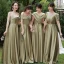 Modest / Simple Olive Green Satin Bridesmaid Dresses 2021 A-Line / Princess Short Sleeve Backless Floor-Length / Long Wedding Party Dresses