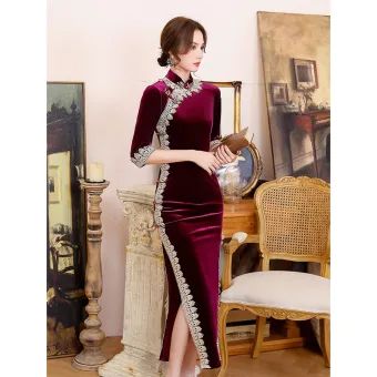 Chinese Style Burgundy Suede Velour Cheongsam Evening Dresses 2021 Trumpet Mermaid High Neck 1 2 Sleeves Lace Flower Split Front Tea Length Formal Dresses