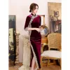 Chinese style Burgundy Suede Velour Cheongsam Evening Dresses 2021 Trumpet / Mermaid High Neck 1/2 Sleeves Lace Flower Split Front Tea-length Formal Dresses