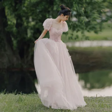 Simple Rougissant Rose Robe De Bal 2021 Princesse Encolure Carrée Paillettes Manches Courtes Dos Nu Longue Robe De Ceremonie