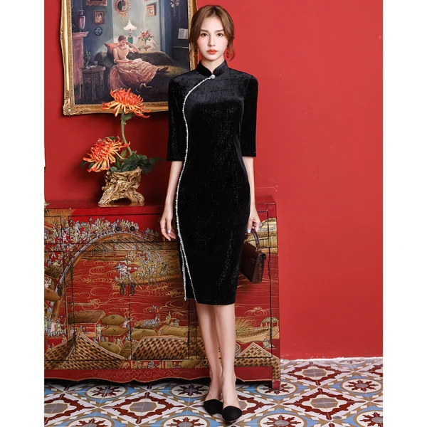 Chinese style Black Velour Evening Dresses Cheongsam 2021 Trumpet / Mermaid High Neck Beading Pearl 1/2 Sleeves Split Front Tea-length Formal Dresses