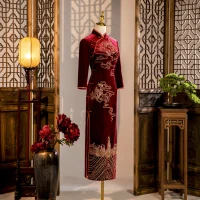 Estilo Chino Borgoña Bordado Suede Vestidos de noche Cheongsam 2021 Trumpet / Mermaid Cuello Alto 1/2 Ærmer Té De Longitud Vestidos Formales