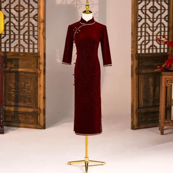 Chinese Style Burgundy Evening Dresses Cheongsam 2021 Trumpet Mermaid High Neck 3 4 Sleeve Split Front Tea Length Formal Dresses