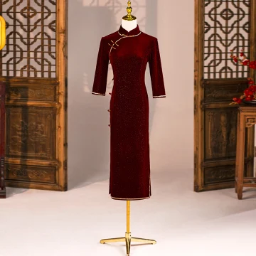 Style Chinois Bordeaux Robe De Soirée Cheongsam 2021 Trompette Sirène Col Haut 3 4 Manches Fendue Devant Thé Longueur Robe De Ceremonie