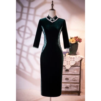 Vintage Retro Dark Green Velour Embroidered Cheongsam Evening Dresses 2021 Trumpet Mermaid Suede High Neck 1 2 Sleeves Split Front Tea Length Formal Dresses