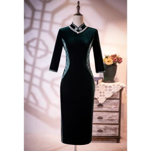 Vintage Verde Oscuro Terciopelo Bordado Cheongsam Vestidos De Noche 2021 Trumpet Mermaid Suede Cuello Alto 1 2 Ærmer Delante De Split Té De Longitud Vestidos Formales