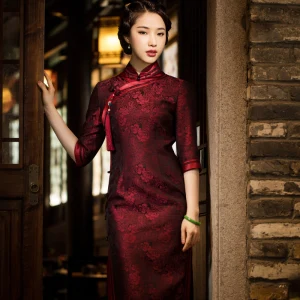 High End Burgundy Silk Floral Cheongsam Evening Dresses 2021 Trumpet Mermaid High Neck 1 2 Sleeves Evening Party Tea Length Formal Dresses