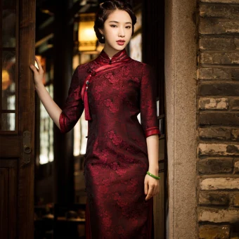 High End Burgundy Silk Floral Cheongsam Evening Dresses 2021 Trumpet Mermaid High Neck 1 2 Sleeves Evening Party Tea Length Formal Dresses