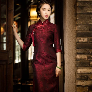 High End Burgundy Silk Floral Cheongsam Evening Dresses 2021 Trumpet Mermaid High Neck 1 2 Sleeves Evening Party Tea Length Formal Dresses