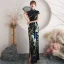 Style Chinois Bleu Marine Paillettes Robe De Soirée Cheongsam 2021 Trompette / Sirène Velour Col Haut Manches Courtes Thé Longueur Robe De Ceremonie