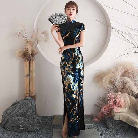 Chinesischer Stil Marineblau Pailletten Abendkleider Cheongsam 2021 Meerjungfrau Velour Stehkragen Kurze Ärmel Wadenlang Festliche Kleider