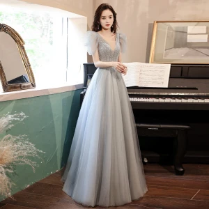Charming Grey Evening Dresses Evening Dresses 2021 A Line Princess V Neck Beading Short Sleeve Backless Floor Length Long Evening Party Formal Dresses
