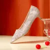 Elegante Champagne Kant Bloem Bruidsschoenen 2021 Spitse Neus 3 cm Naaldhakken / Stiletto Lage Hak Huwelijk Pumps Hoge Hakken