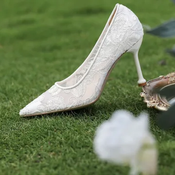 Mooie Prachtige Witte Kant Bloem Bruidsschoenen 2021 8 Cm Naaldhakken Stiletto Spitse Neus Huwelijk Pumps Hoge Hakken