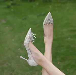 Elegant Grey Lace Flower Wedding Shoes 2022 8 Cm Stiletto Heels Pointed Toe Wedding Pumps High Heels