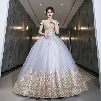 Elegant Silver Grey Prom Dresses 2022 Ball Gown Off The Shoulder Beading Pearl Sequins Lace Flower Short Sleeve Backless Floor Length Long Formal Dresses