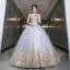 Elegant Silver Grey Prom Dresses 2022 Ball Gown Off-The-Shoulder Beading Pearl Sequins Lace Flower Short Sleeve Backless Floor-Length / Long Formal Dresses