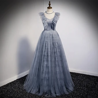 Charmant Bleu Ciel Gris Robe De Bal 2021 Princesse Encolure Dégagée Volants Manches Courtes Perlage Dos Nu Noeud Longue Promo Robe De Ceremonie