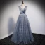 Charming Sky Blue Grey Prom Dresses 2021 A-Line / Princess Scoop Neck Ruffle Short Sleeve Beading Backless Bow Floor-Length / Long Prom Formal Dresses