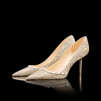 Scintillantes Doré Perle Paillettes Chaussure De Mariée 2022 8 Cm Talons Aiguilles À Bout Pointu Mariage Escarpins Talons Hauts