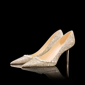 Scintillantes Doré Perle Paillettes Chaussure De Mariée 2022 8 Cm Talons Aiguilles À Bout Pointu Mariage Escarpins Talons Hauts