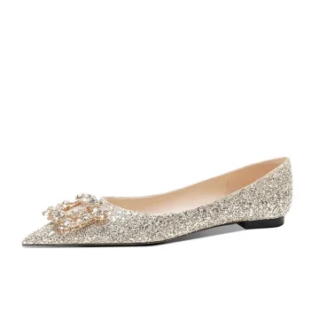 Sparkly Gold Rhinestone Sequins Flat Wedding Shoes 2022 Pointed Toe Wedding Heels