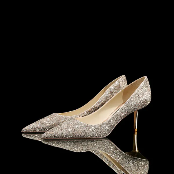 Sparkly Rose Gold Sequins Wedding Shoes 2022 Leather 8 cm Stiletto Heels Pointed Toe Pumps High Heels