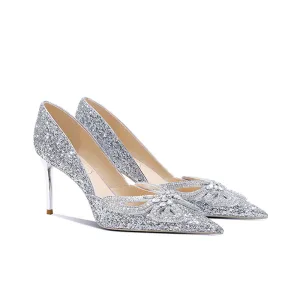 Glittrande Silver Rhinestone Paljetter Brudskor 2022 Läder 8 Cm Stilettklackar Spetsiga Bröllop Pumps Högklackade