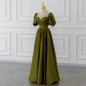 Modest Simple Olive Green Beading Bow Prom Dresses 2022 A Line Princess Scoop Neck Short Sleeve Backless Floor Length Long Formal Dresses