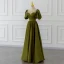 Modest / Simple Olive Green Beading Bow Prom Dresses 2022 A-Line / Princess Scoop Neck Short Sleeve Backless Floor-Length / Long Formal Dresses