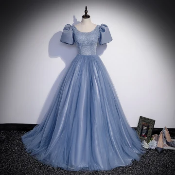 Elegant Sky Blue Prom Dresses 2022 A Line Princess Scoop Neck Beading Pearl Sequins Puffy Short Sleeve Backless Floor Length Long Formal Dresses