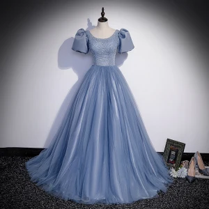 Elegantes Azul Cielo Vestidos De Gala 2022 A Line Princess Scoop Escote Rebordear Perla Lentejuelas Hinchado Manga Corta Sin Espalda Largos Vestidos Formales