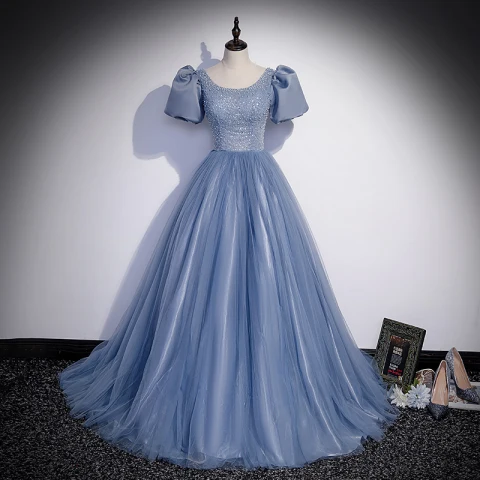 Elegantes Azul Cielo Vestidos de gala 2022 A-Line / Princess Scoop Escote Rebordear Perla Lentejuelas Hinchado Manga Corta Sin Espalda Largos Vestidos Formales
