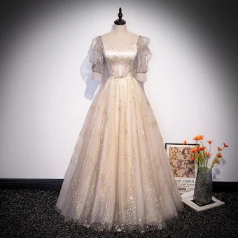 Mode Champagne Étoile Paillettes Robe De Bal 2022 Princesse Encolure Carrée Manches Courtes Dos Nu Longue Robe De Ceremonie