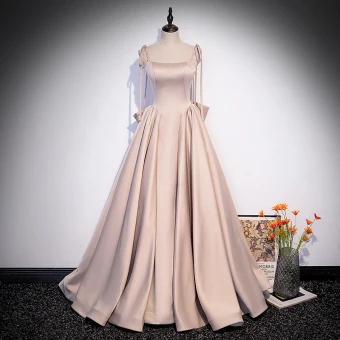 Elegant Champagne Satin Prom Dresses 2022 A Line Princess Spaghetti Straps Beading Pearl Sleeveless Backless Bow Floor Length Long Formal Dresses