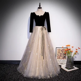 Élégant Noire Robe De Bal 2022 Princesse Encolure Carrée Étoile Paillettes Ceinture Noeud 3 4 Manches Longue Robe De Ceremonie