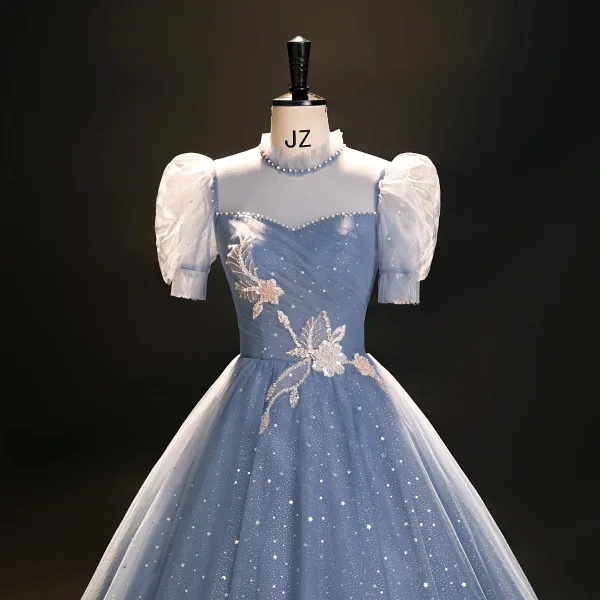 Bling Bling Sky Blue Beading Star Sequins Prom Dresses 2023 Ball Gown High Neck Short Sleeve Backless Floor-Length / Long Prom Formal Dresses