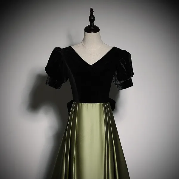 Vintage / Retro Dark Green Velvet Prom Dresses 2023 A-Line / Princess V-Neck Short Sleeve Backless Bow Floor-Length / Long Prom Formal Dresses