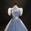 Elegant Bling Bling Sky Blue Beading Star Sequins Prom Dresses 2023 Ball Gown High Neck Short Sleeve Backless Floor-Length / Long Formal Dresses