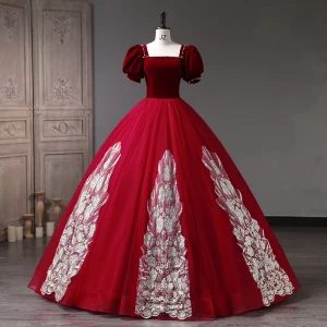 Vintage Burgunderrot Perle Pailletten Ballkleider 2023 Ballkleid Eckiger Ausschnitt Geschwollenes Kurze Ärmel Rückenfreies Lange Ball Festliche Kleider