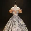 Elegant Champagne Printing Prom Dresses 2023 Ball Gown Off-The-Shoulder Short Sleeve Backless Floor-Length / Long Formal Dresses